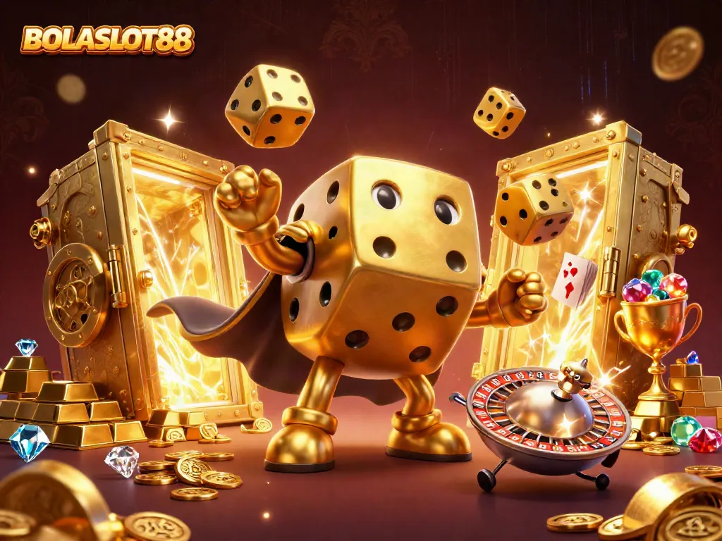 BOLASLOT88 showcases a dynamic 3D illustration of a golden dice golem juggling dice and rolling with a roulette-ball companion amidst sparkling riches.