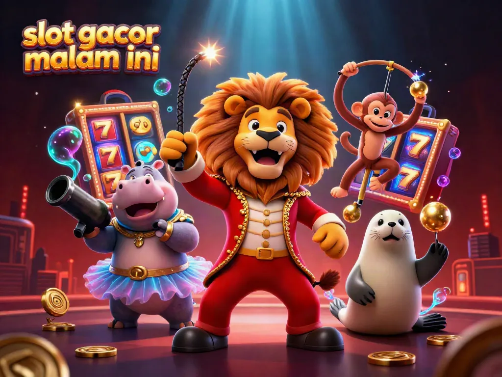 Gambarkan slot gacor malam ini dalam ilustrasi 3D dengan slot reels dan karakter lucu yang menarik.