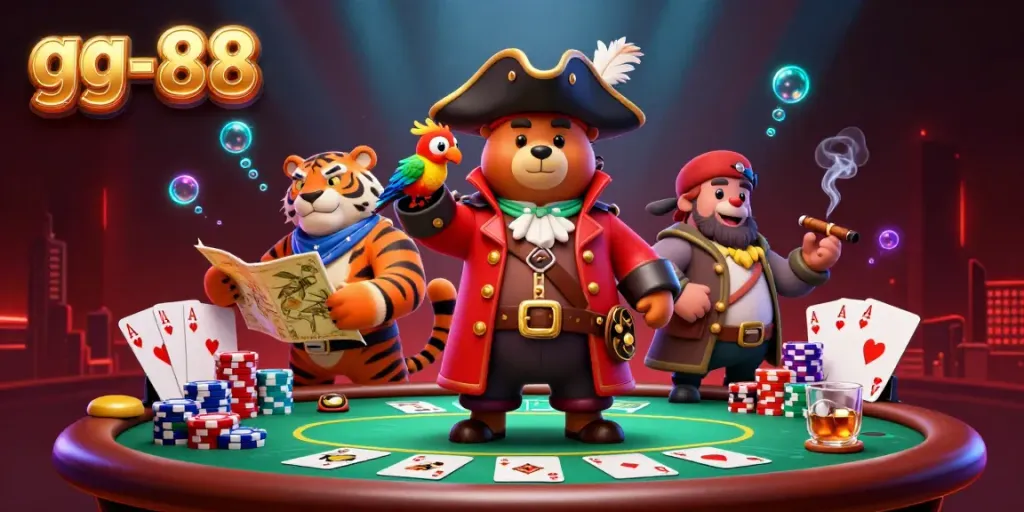 Experience the excitement of gg-88 with a vibrant 3D scene featuring a pirate bear, tiger, and parrot amidst dynamic poker action.