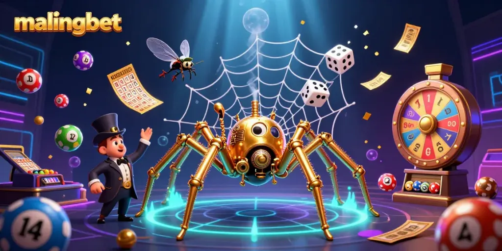 Malingbet menawarkan ilustrasi kasino 3D mengagumkan dengan laba-laba emas dan gentleman terperangkap.