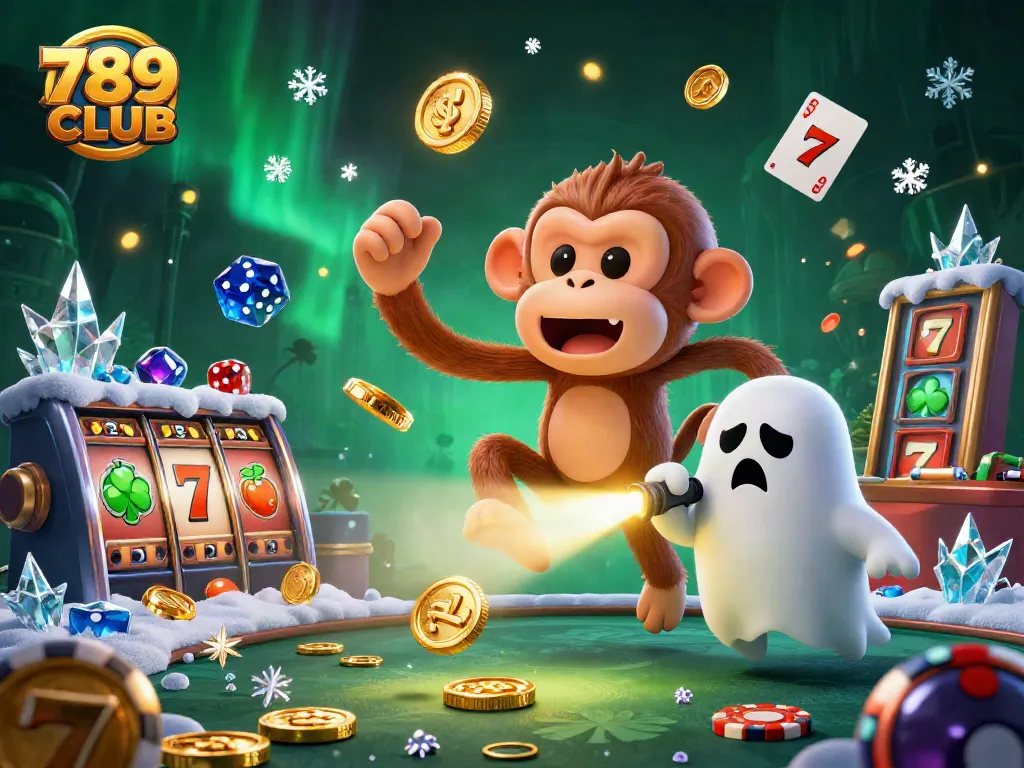 Play at 789CLUB as a mischievous poltergeist monkey juggles golden casino treasures.