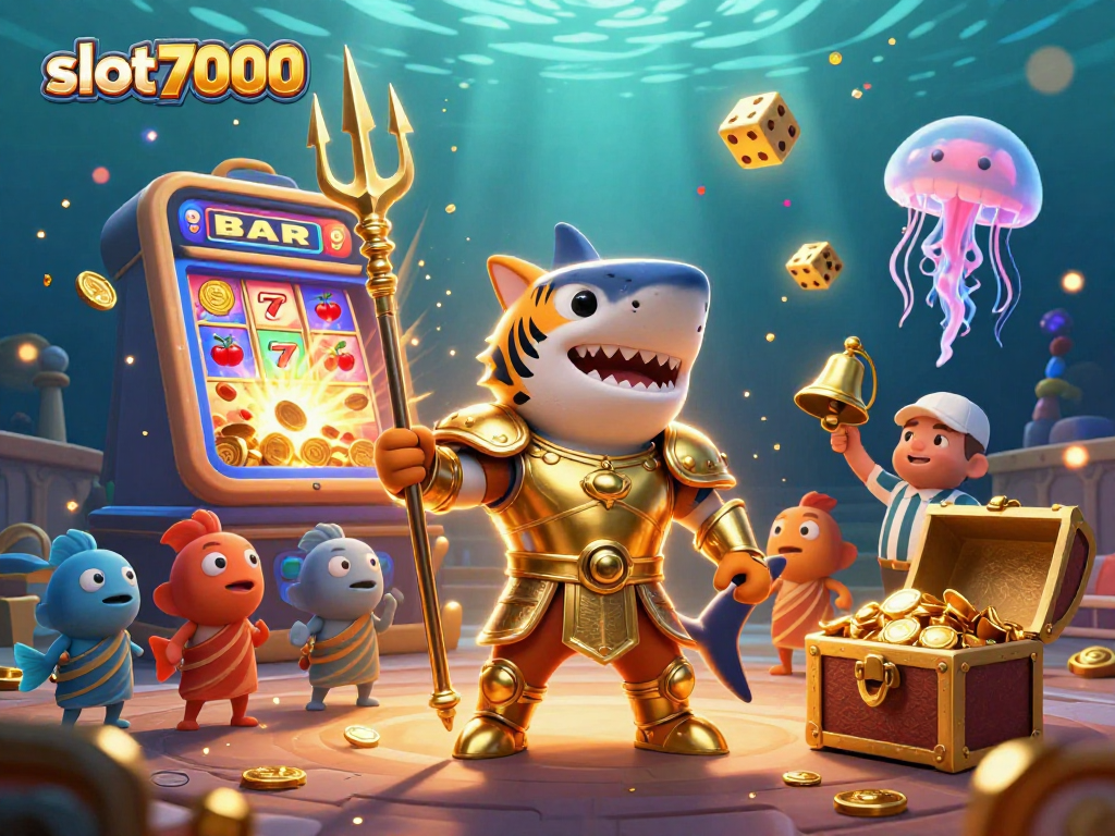 Spin the reels in slot7000 with a spectacular jackpot explosion alongside gambling-themed characters.