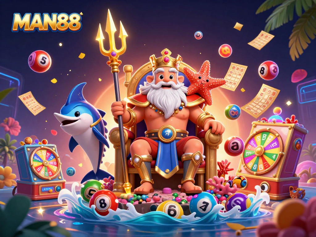 Engage in thrilling gameplay at MAN88 with vibrant lottery elements and Neptune's magical trident.