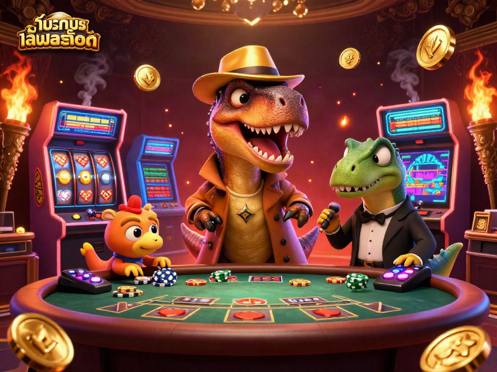 Engage in ทดลองเล่นสล็อต while a velociraptor card counter stealthily plays at a blackjack table.