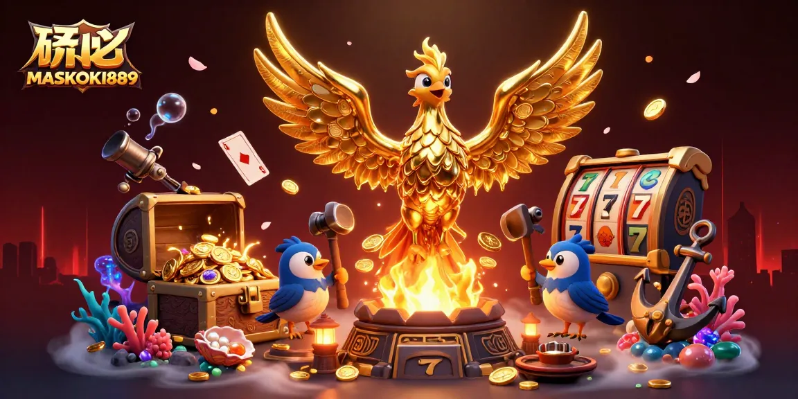 Experience exciting gameplay with MASKOKI889 as golden elements blaze through dynamic slots and treasure-filled backgrounds.