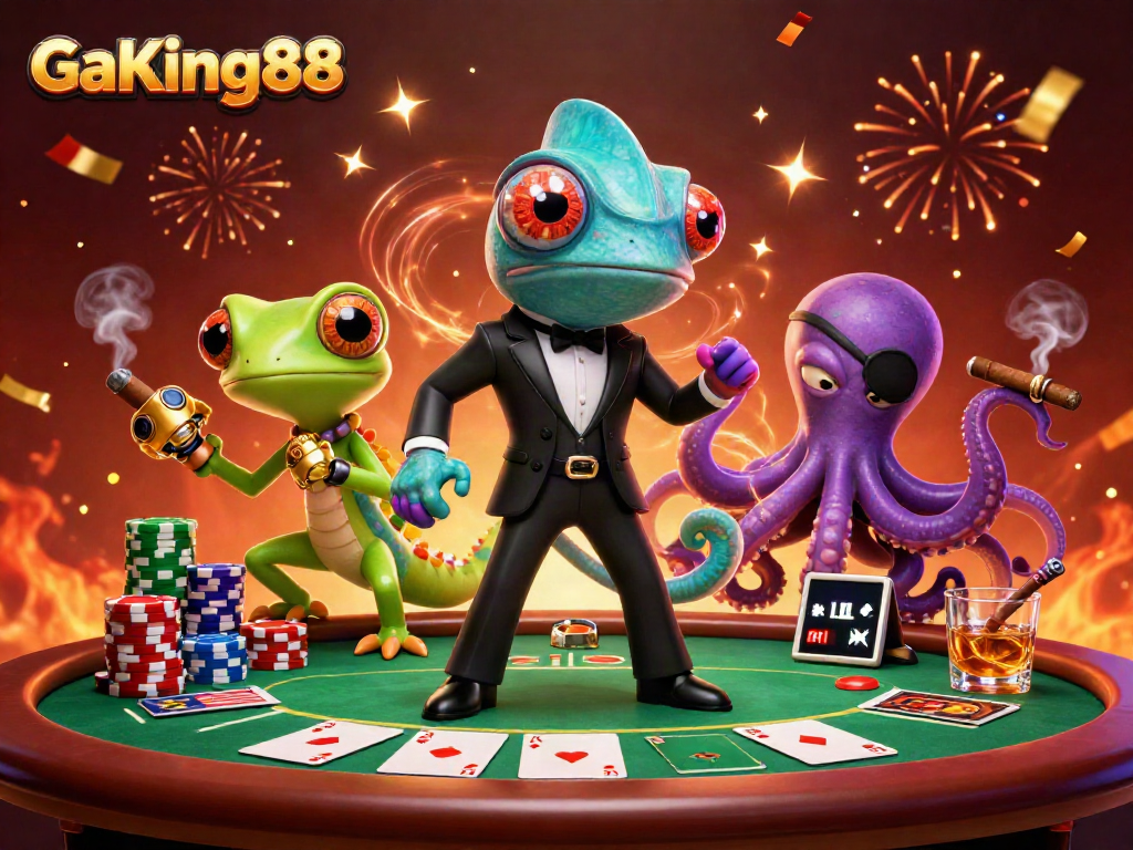 GaKing88 showcases a cartoon chameleon, gecko, and octopus at a dynamic poker table, highlighting vibrant gambling action.