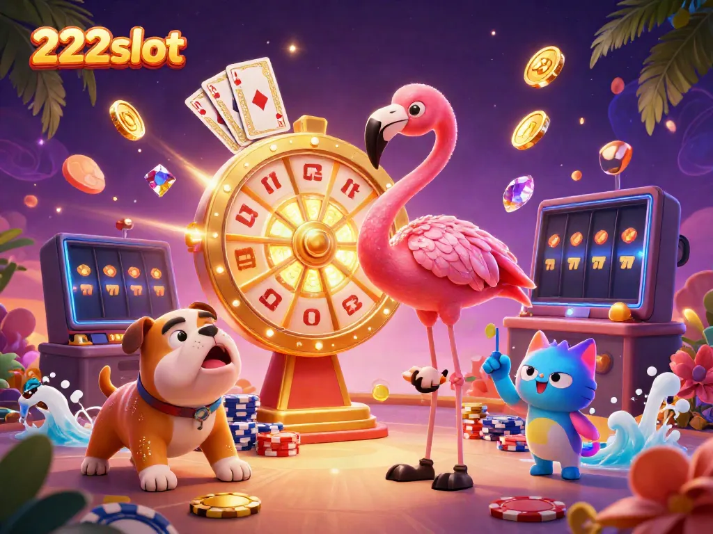 Menggoda pemain dengan 222slot saat flamingo berputar dan bulldog yang bersemangat melompat di kasino digital.