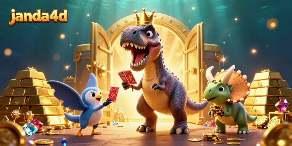 Permainan janda4d yang seru dengan karakter dinosaurus lucu dan harta karun berkilauan, menciptakan suasana kasino yang menarik.