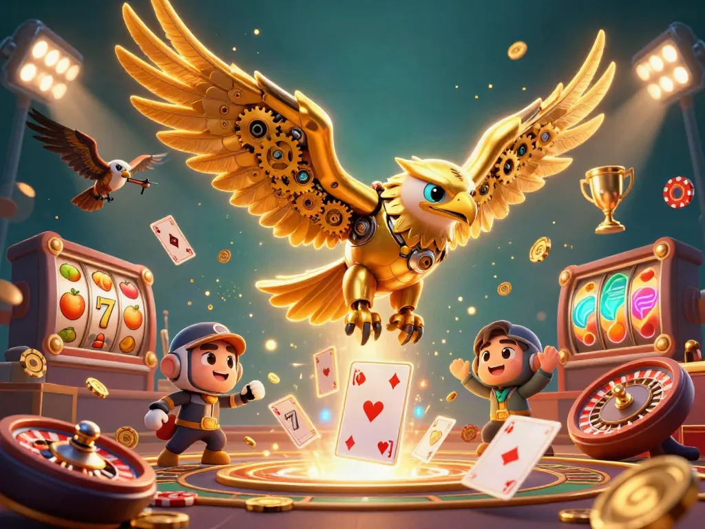 Experience the thrill of SUNWIN as a golden eagle dives through holographic cards amidst vibrant casino elements.