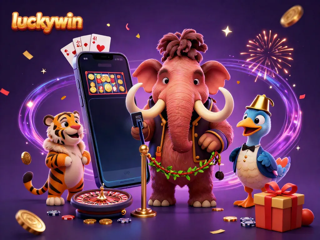 Experience the thrill of luckywin at a vibrant casino scene featuring a woolly mammoth bouncer, VIP saber-tooth tiger, and dodo doorman.