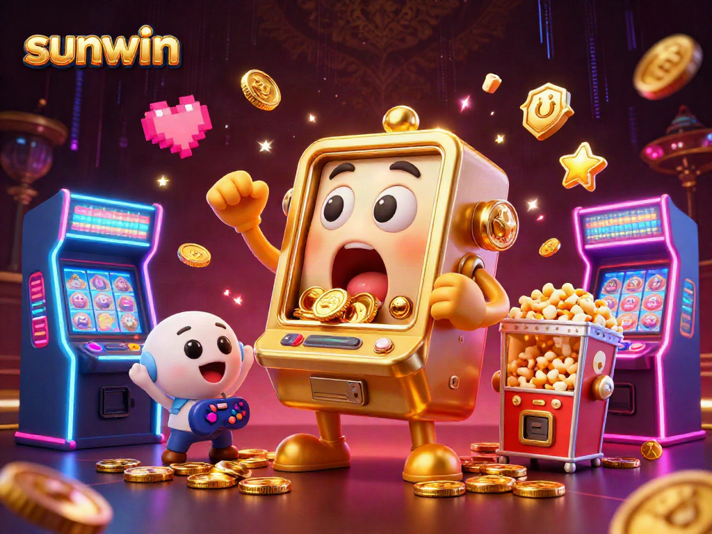 Celebrate big wins in the sunwin slot machine world, with golden coins pouring and lively cartoon characters.