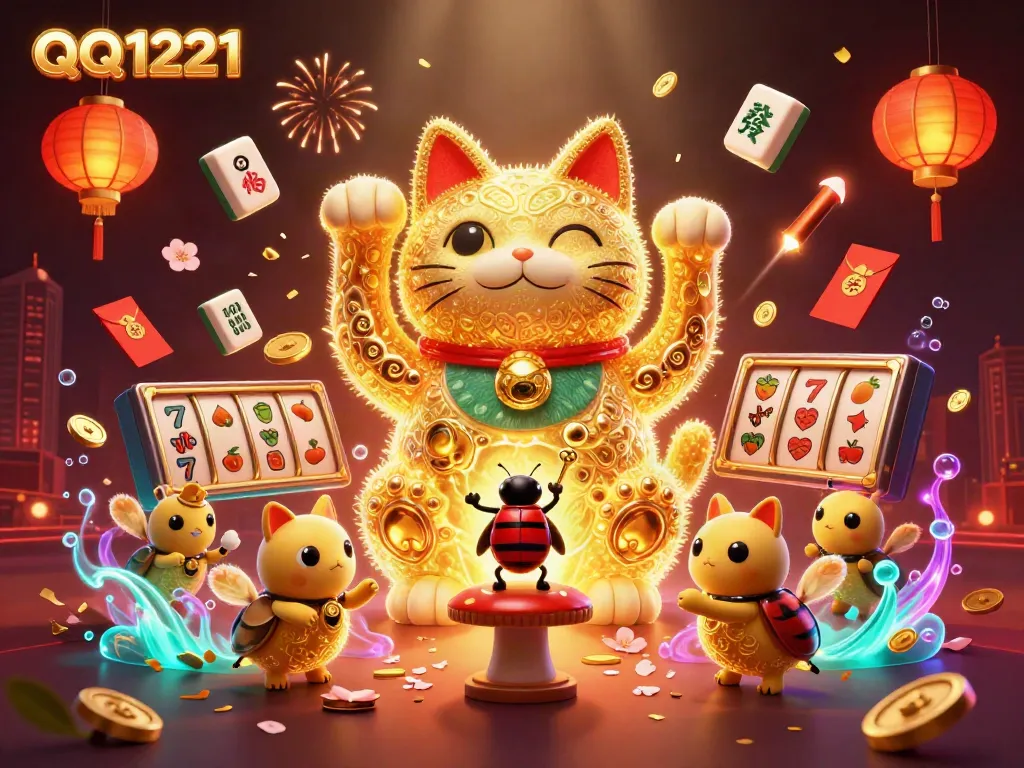 Discover vibrant QQ1221 gaming action with a lucky cat and festive decorations for enhanced chances.
