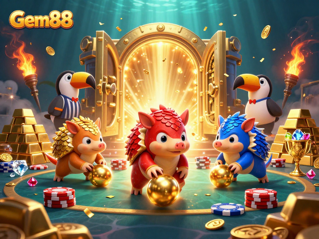 Experience excitement with Gem88 as rival pangolins compete in a vibrant poker game scene.