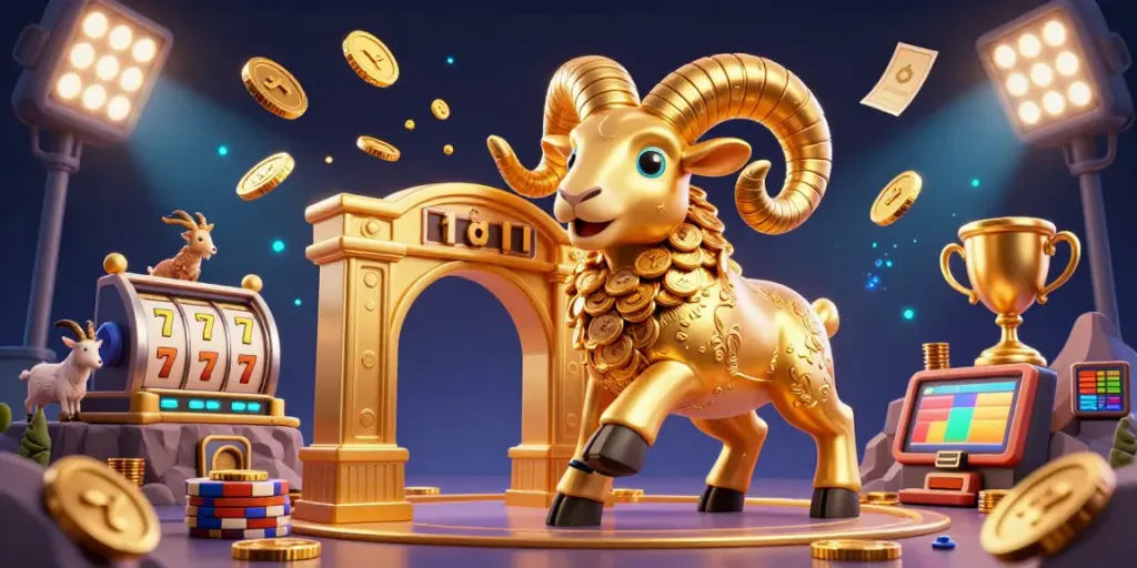 Spin the slots with a golden ram charging through a casino scene filled with action.