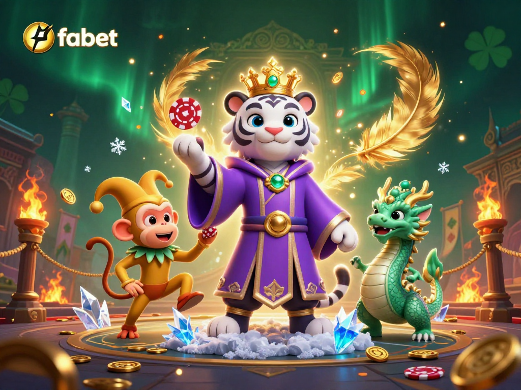Experience fabet's vibrant casino scene with a majestic tiger, jester monkey, and magical dragon.