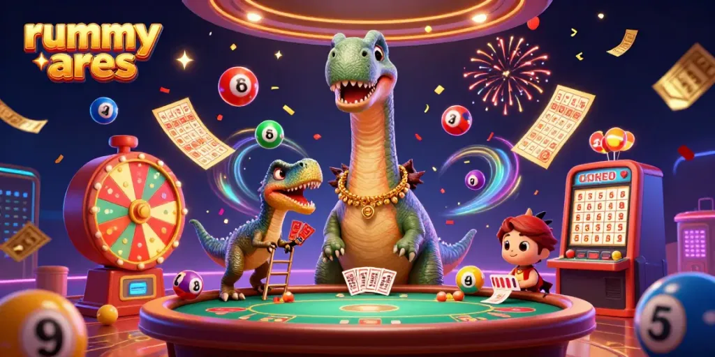 Experience the vibrant rummy ares platform in a festive 3D casino setting with colorful lottery elements.