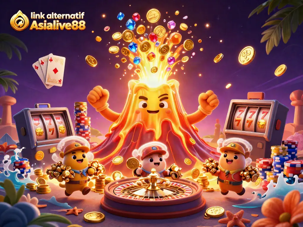 Cherish the excitement of gaming with link alternatif Asialive88, featuring a triumphant golden volcano and rich casino elements.
