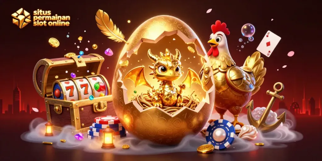 Menggambarkan situs permainan slot online yang menampilkan naga emas dan chip poker di latar belakang kasino.
