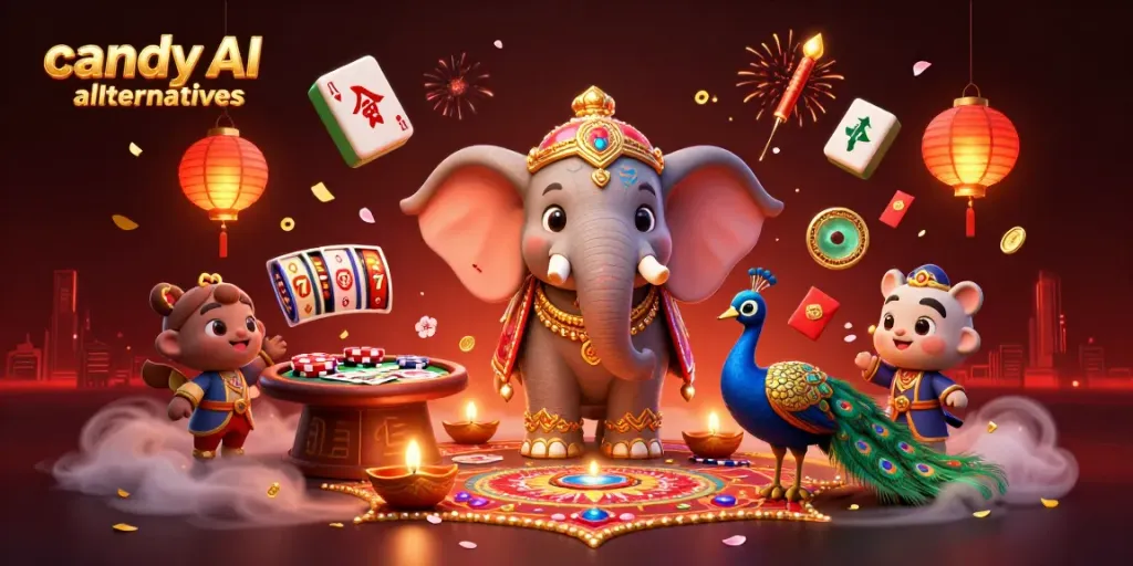 Engage with vibrant gaming scenes spotlighting candy AI alternatives, featuring a colorful casino atmosphere.