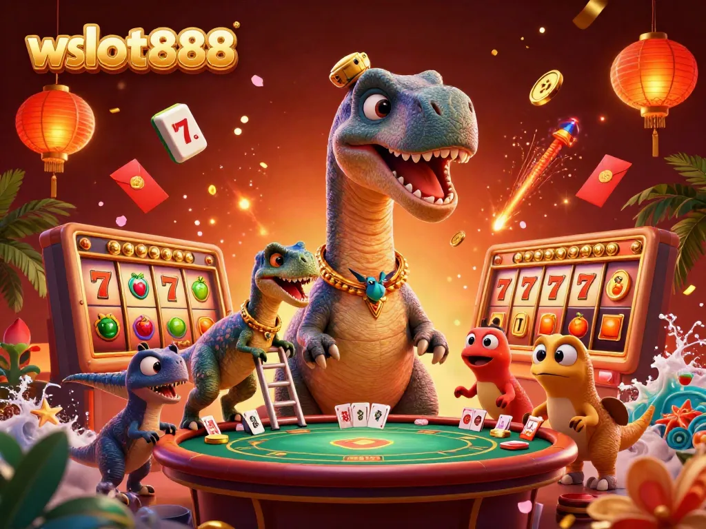 Menangkan permainan slot di wslot888, ilustrasi kasino digital dengan karakter menghibur dan detail berkilau.