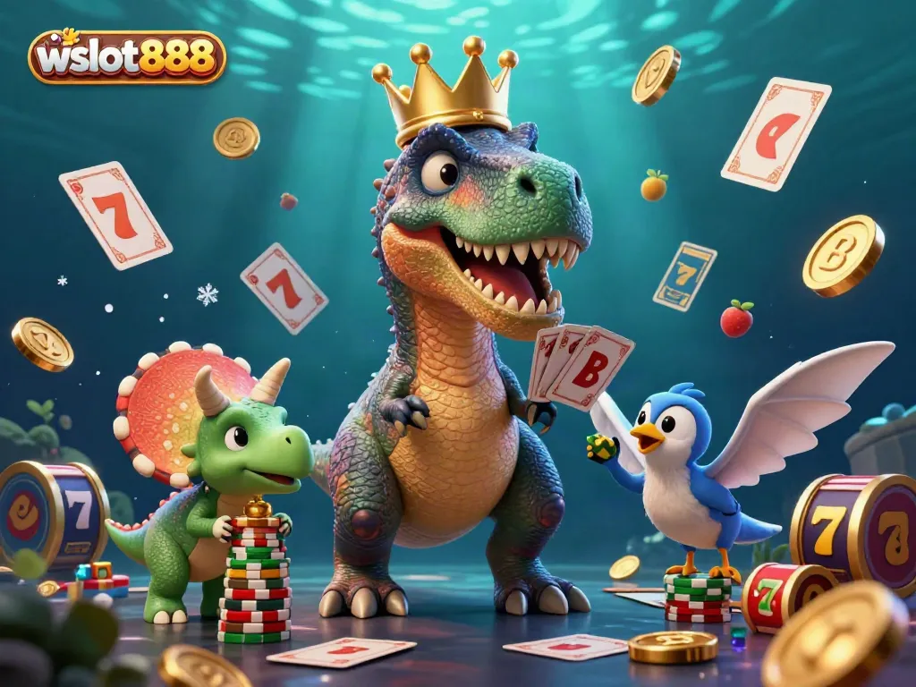 Visualisasi Gambar 3D lucu dengan karakter T-Rex, pterodactyl, dan triceratops bermain slot wslot888 dengan tumpukan koin emas.