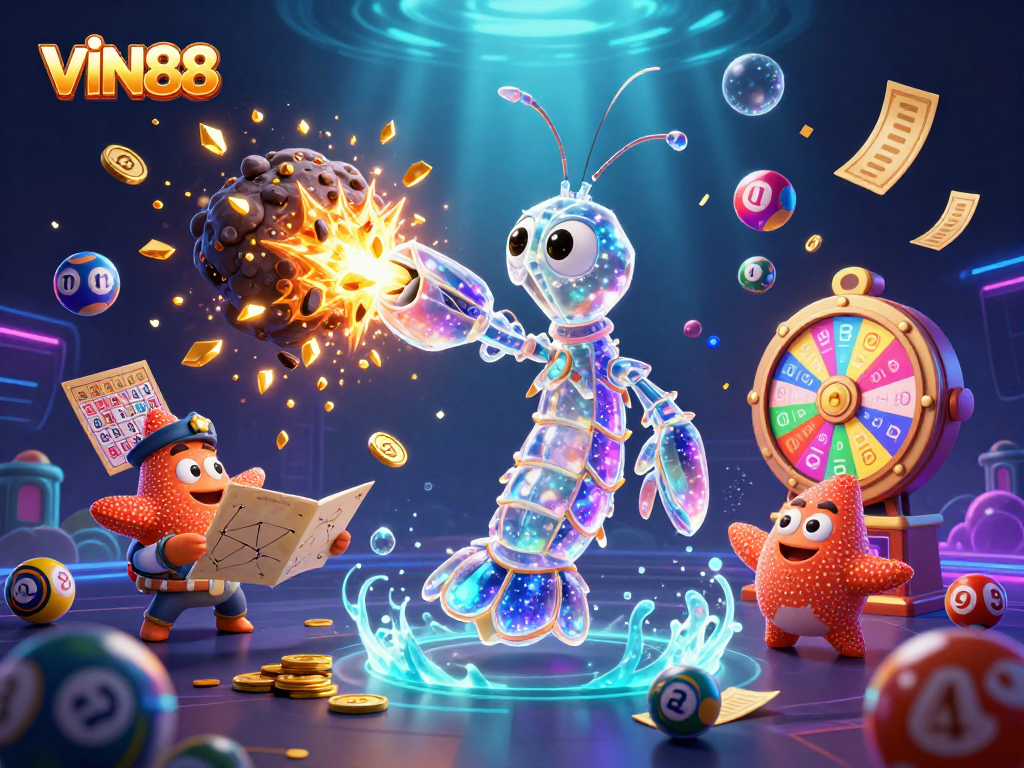 VIN88 showcases an exciting galactic theme with mantis shrimp and vibrant lottery elements.