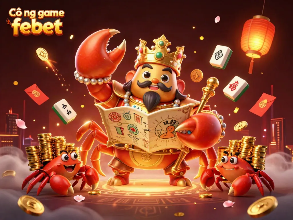 Exciting scene of Cổng game febet with a golden crab emperor amidst festive elements and casino games.