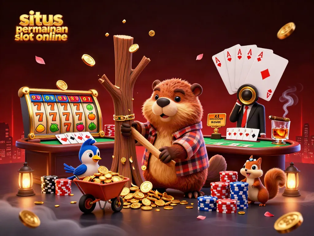 Menggambar banyak karakter dengan situs permainan slot online dan elemen kasino yang menarik di latar belakang.