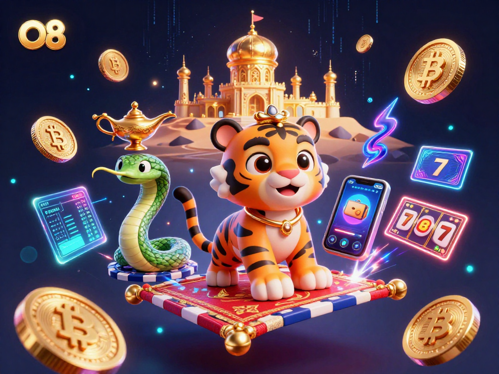Experience the magic of O8 with a vibrant 3D illustration featuring casino elements like slot reels and crypto coins.