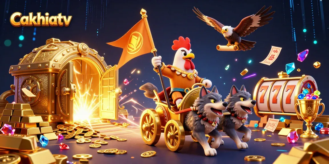 Cakhiatv's thrilling casino scene featuring a rooster warlord and slot reels amidst riches