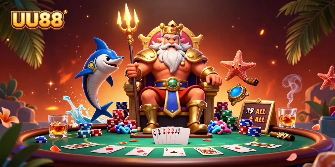 Experience the excitement of UU88's gaming scene with Neptune and vibrant poker elements.