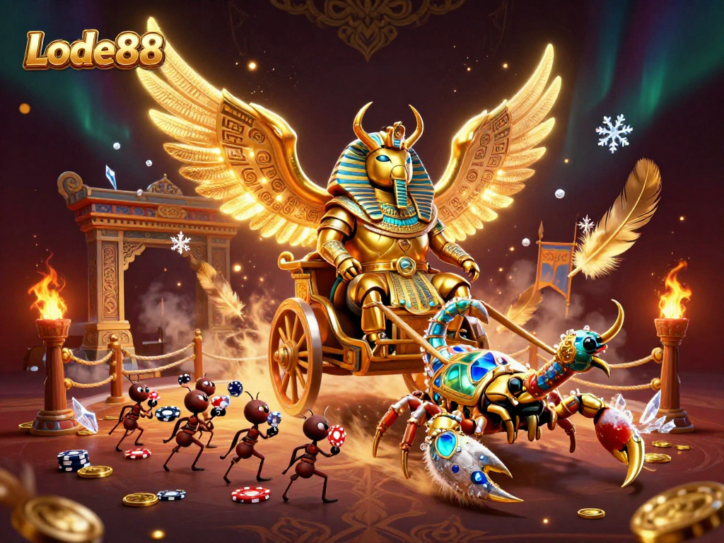 Lode88 showcases a dramatic scene with a golden beetle and scorpions in a vibrant casino environment.