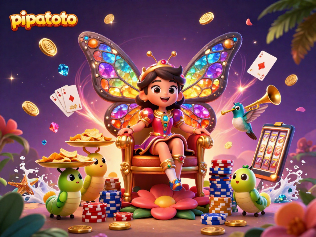 Pipatoto’s animated casino scene showcases vibrant characters amidst cascading coins, perfect for online gambling fans.