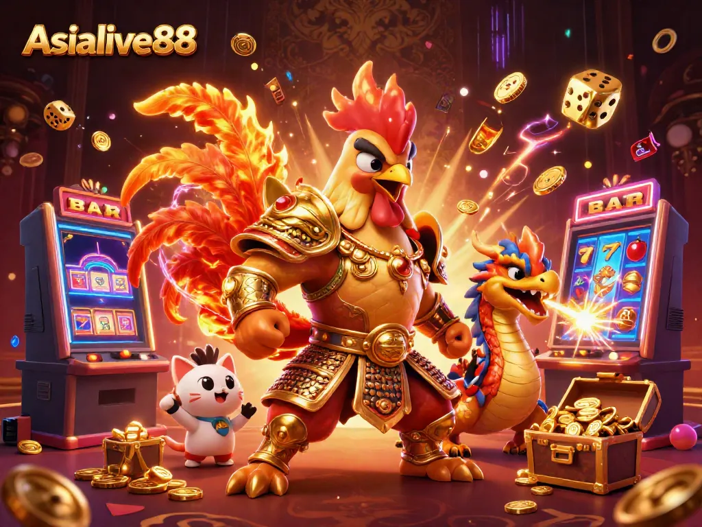 Experience the thrill with Asialive88's vibrant 3D gaming scene featuring action-packed characters and rich casino elements.
