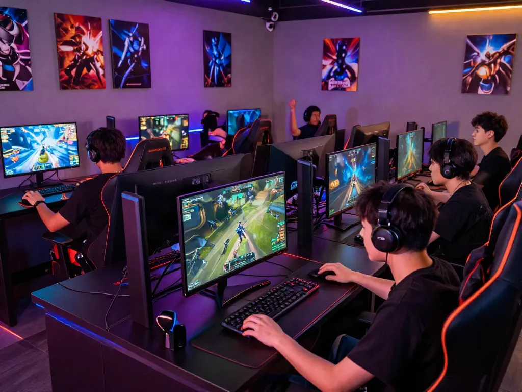 Engaged gamers at modern gaming stations showcasing bro138 high-performance gaming.
