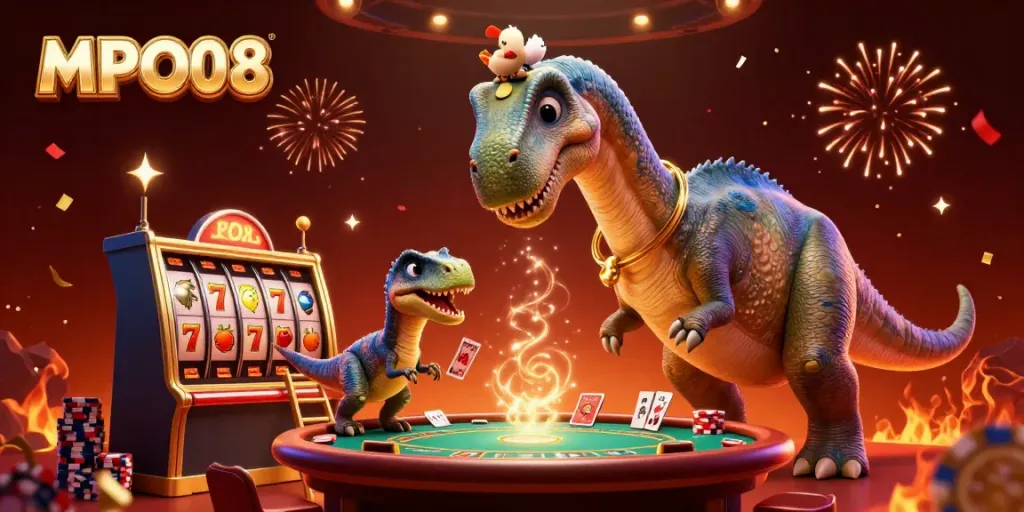 MPO08 slot celebration featuring a giant brontosaurus and a clever raptor dealing cards amidst vibrant casino elements.