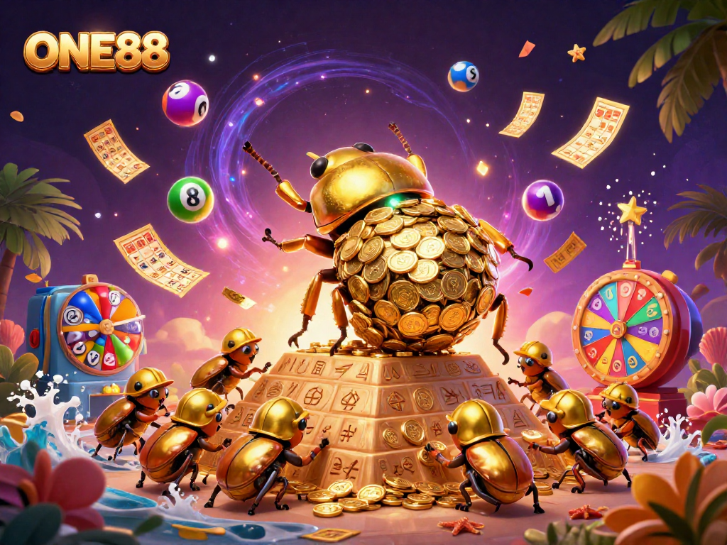 Engage in exciting games at ONE88 while colorful lottery balls and golden coins enhance the casino atmosphere.