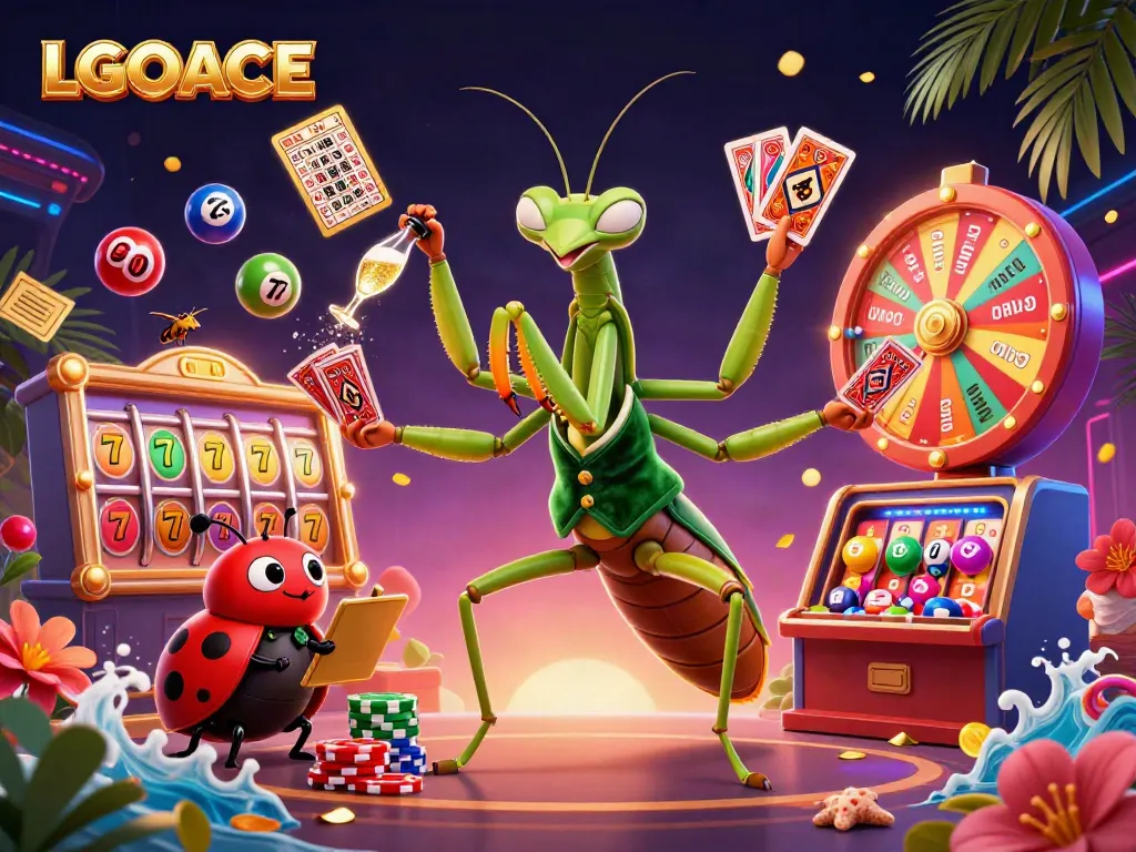 LGOACE showcases a vibrant scene with a giant mantis and ladybug amidst casino elements and lively games.