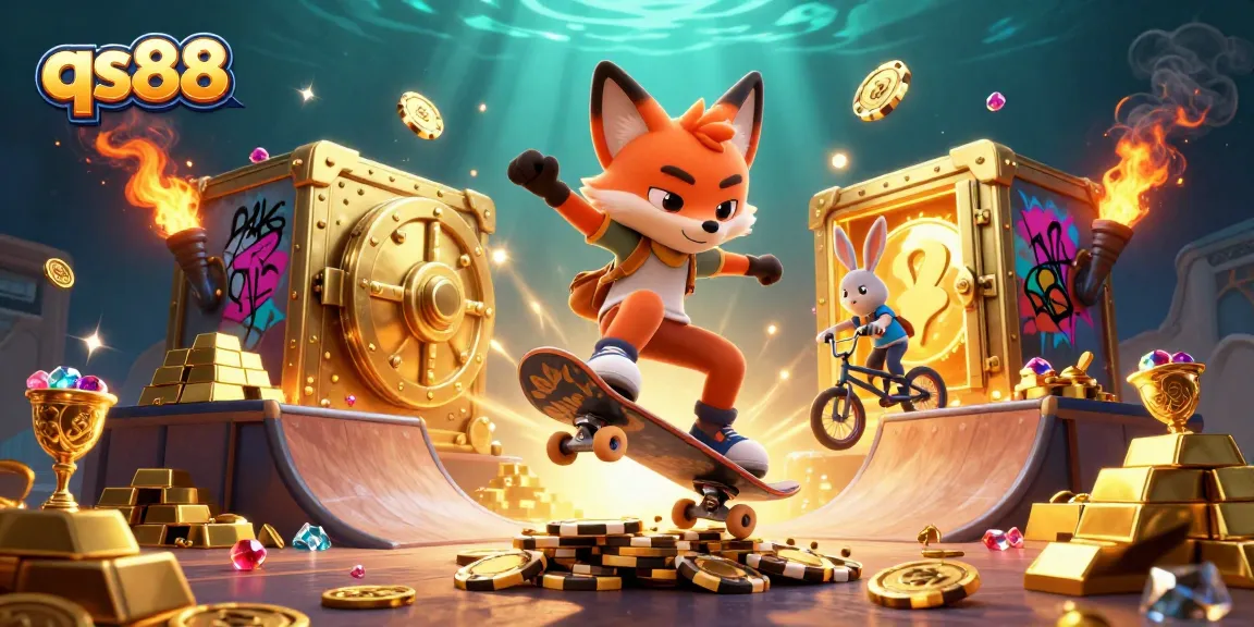Experience the thrill of qs88 casino gaming with a vibrant 3D illustration of fox and rabbit in action.