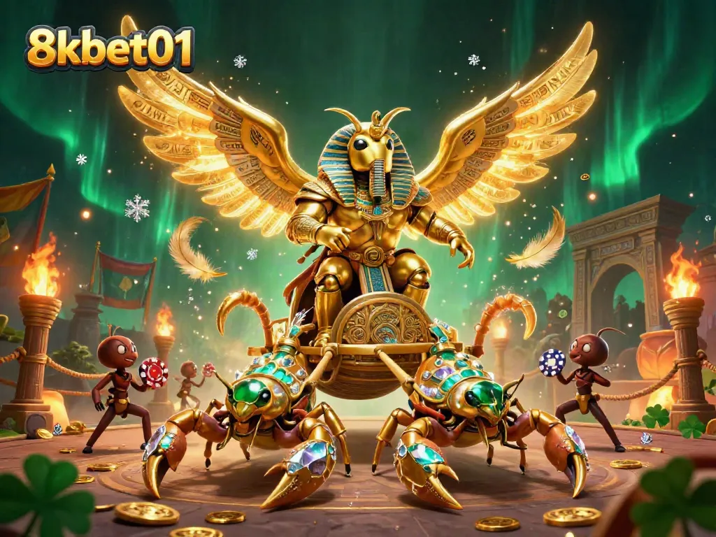 Engage with thrilling 8kbet01 casino action featuring a golden beetle and scorpions in dynamic chariot action.