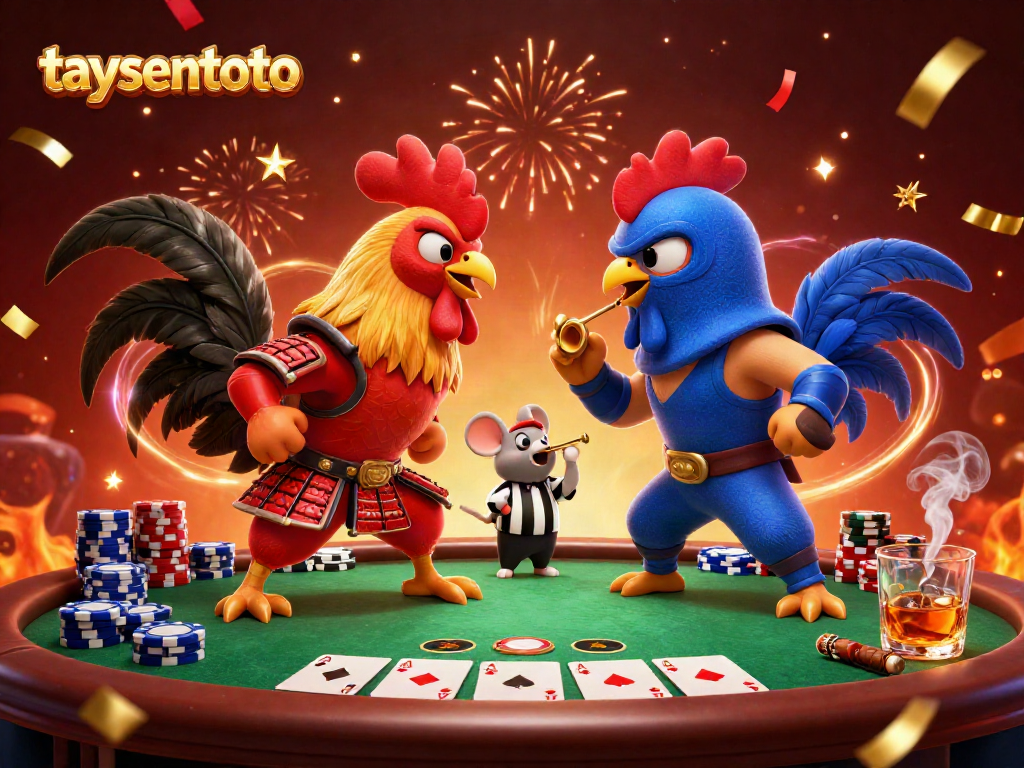 Engage in thrilling taysentoto action as cartoon roosters face off, capturing the excitement of gambling.