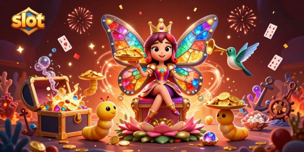 Experience the thrill of slot games with vibrant 3D butterfly queen and treasures of the game.