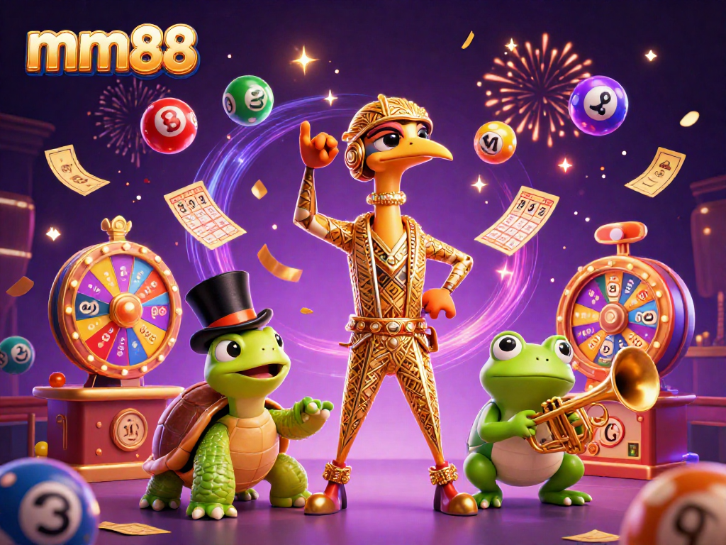 mm88 players enjoying a vibrant casino scene with colorful lottery elements and festive characters.