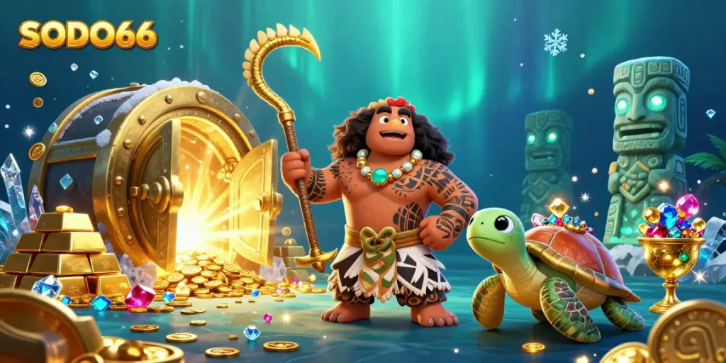 SODO66 showcases an exciting 3D illustration with vibrant casino elements and characters in a rich treasure scene.