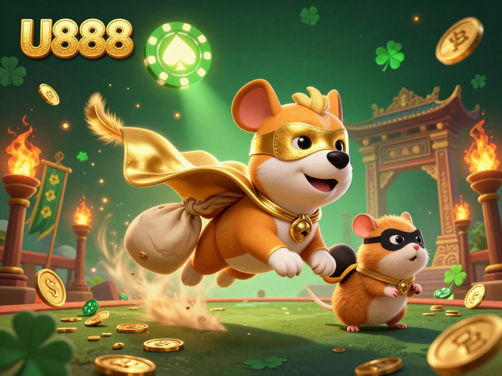 Watch the U888 superhero dog and sidekick hamster championing big wins in a dynamic casino scene.