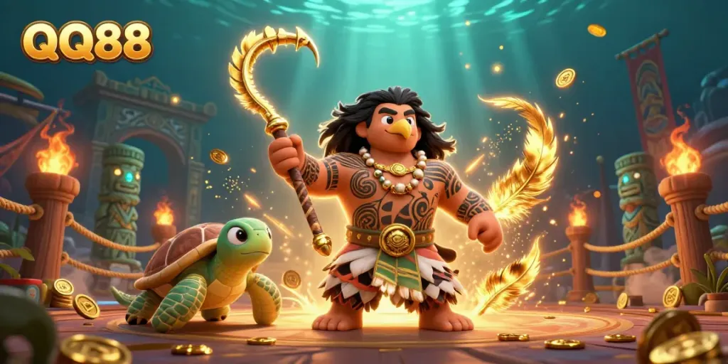Experience thrilling casino action with QQ88's vibrant game universe featuring a demigod and turtle