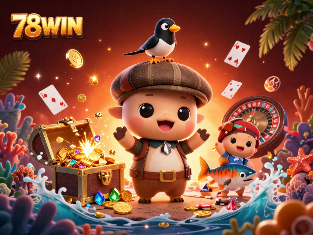 Experience thrilling moments at 78WIN with vibrant casino-themed characters and sparkling treasures.