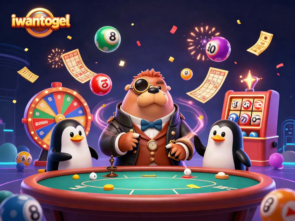 iwantogel showcases colorful lottery balls while players bluff and celebrate at an underwater poker table.
