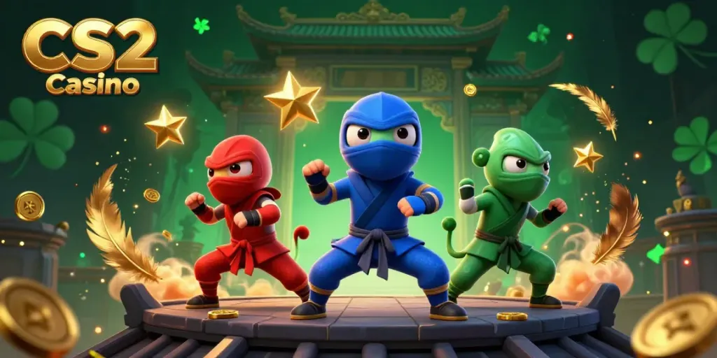 Engage in dynamic CS2 Casino action with ninja chameleons, golden tokens, and vibrant atmosphere.