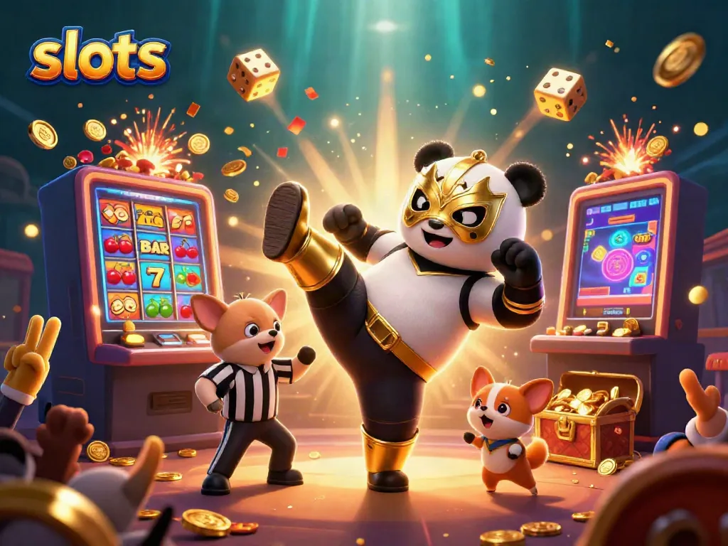Experience thrilling slots action with a panda doing a flying kick amidst a jackpot explosion.